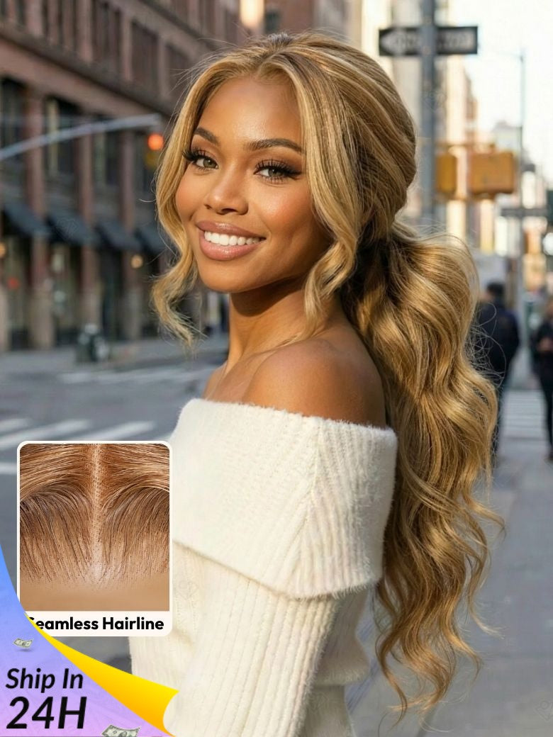 Sunber 7x5 Pre-Cut Body Wave Bye Bye Knots Honey Blonde Glueless Highlights Lace Human Hair Wig