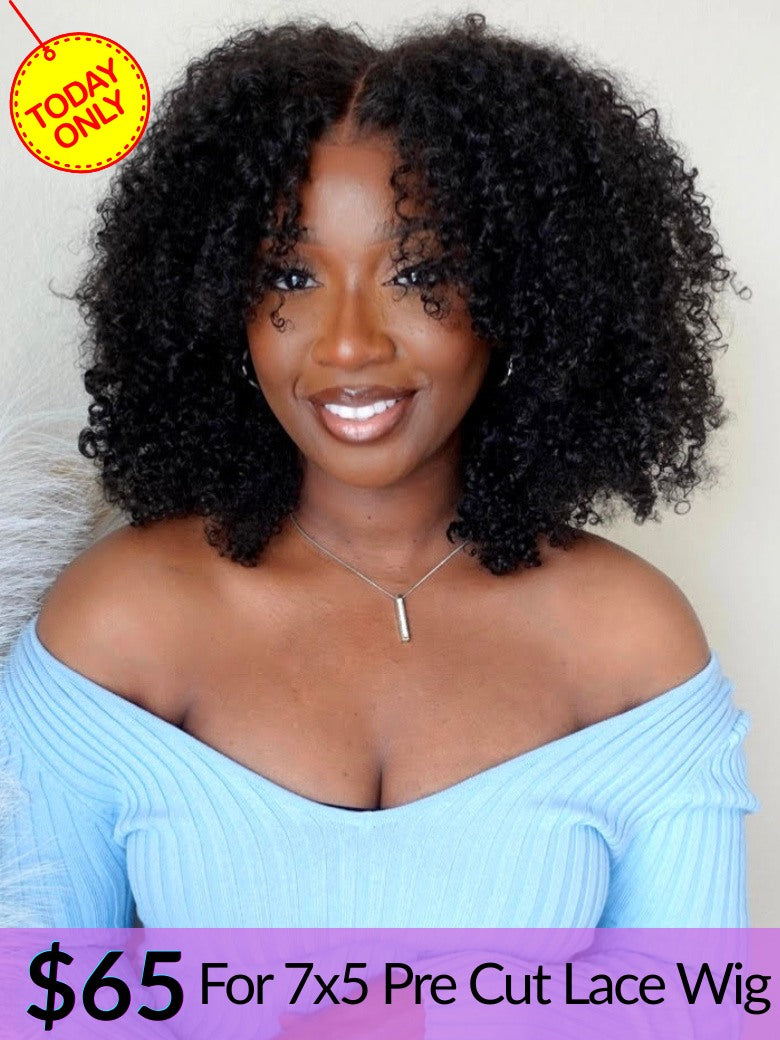Sunber Kinky Curly 7x5 Pre Cut Lace Put On And Go Skin Melt Wigs Natural Hairline With Invisi Drawstring Valentine&