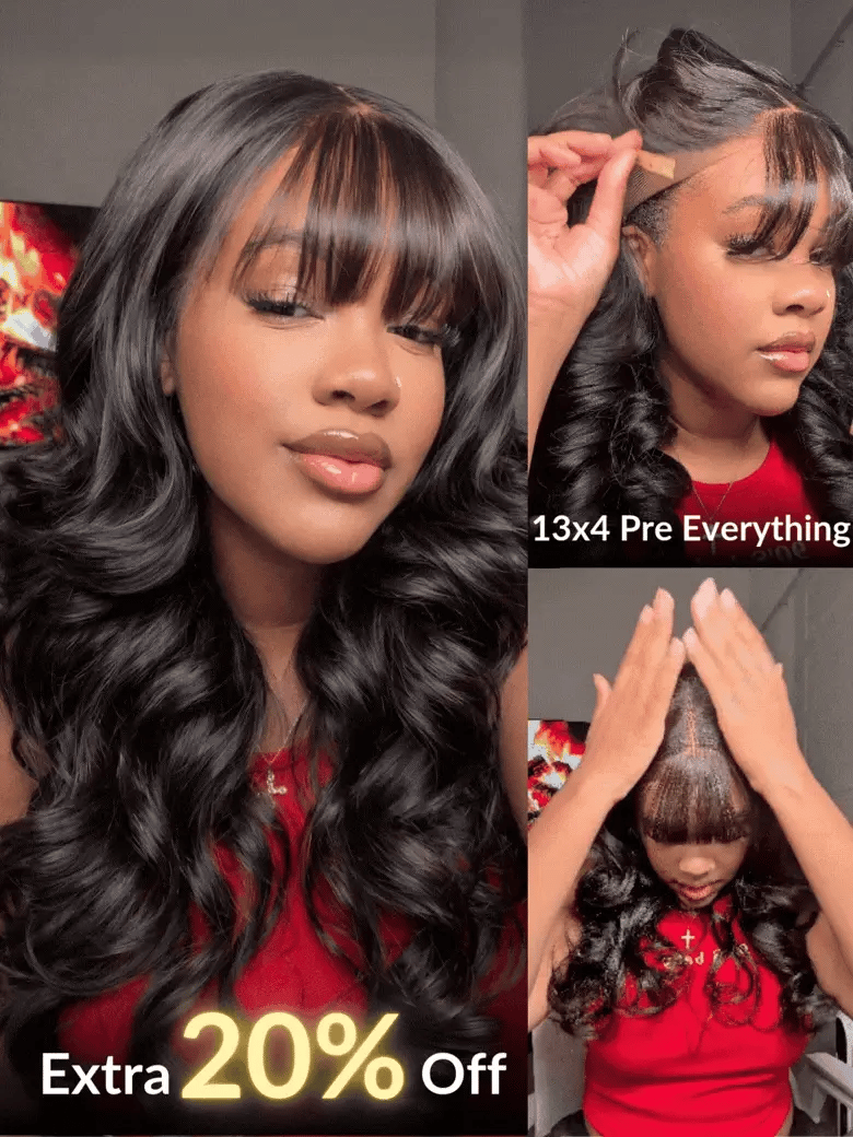 Sunber Pre-Everything 13x4 Lace Frontal Loose Wave Wigs with Bangs-Fluffy Hair  3D Dome Cap &amp; Glueless