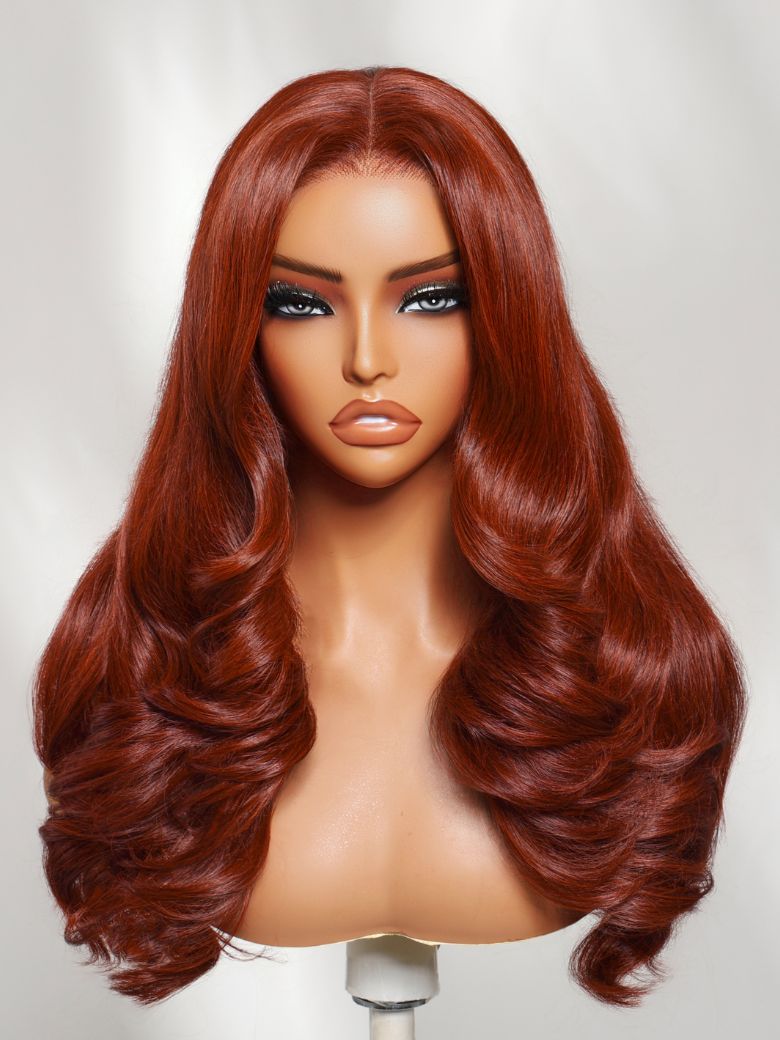 Sunber 200% Density 7x5 Pre Cut Reddish Brown Blowout Soft Body Wave Lace Wig With Face-Framing Layers