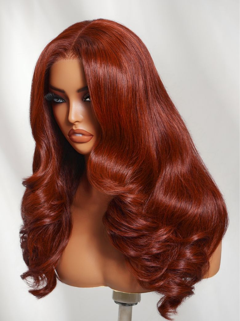 Sunber 200% Density 7x5 Pre Cut Reddish Brown Blowout Soft Body Wave Lace Wig With Face-Framing Layers