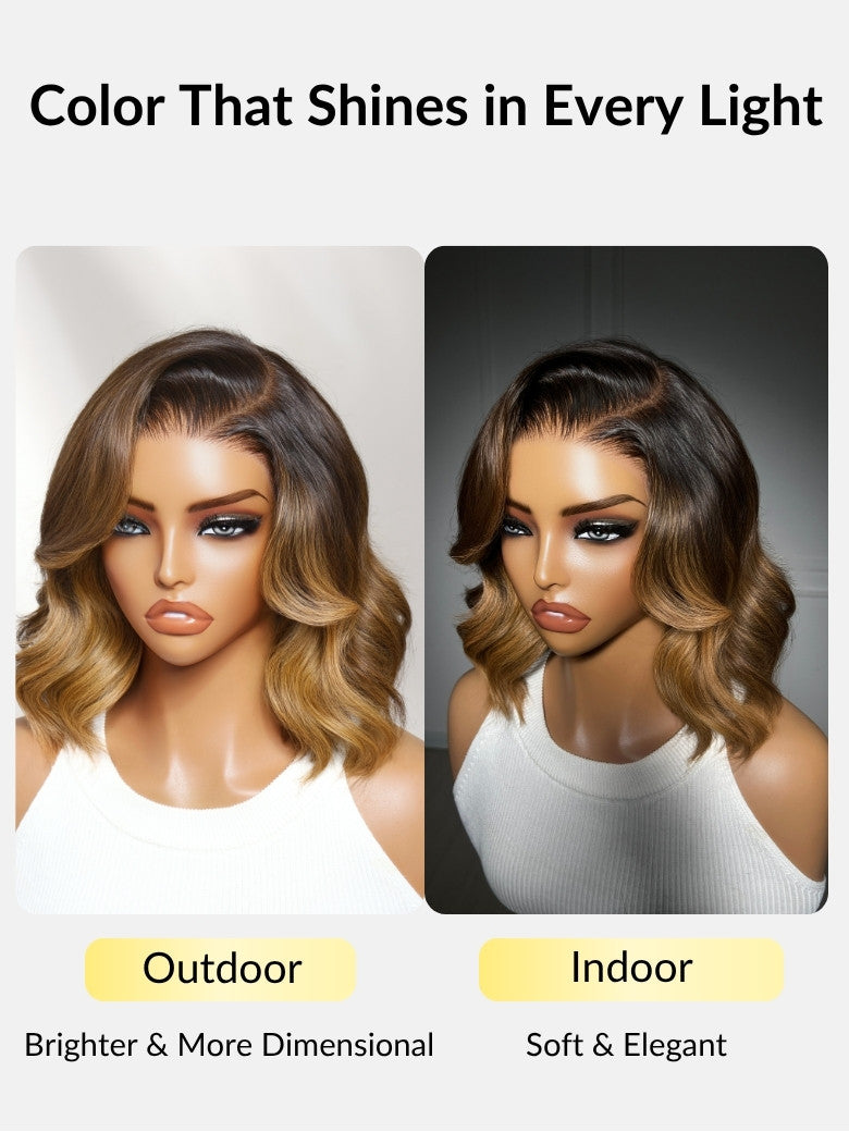 Sunber 13x4 Pre Everything Brown Highlights with Dark Root Body Wave Lace Frontal Wig With Layers Shoulder Flip-Out Curls