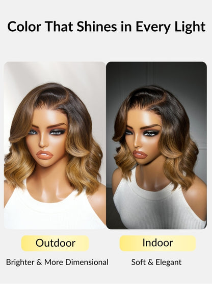 Sunber 13x4 Pre Everything Brown Highlights with Dark Root Body Wave Lace Frontal Wig With Layers Shoulder Flip-Out Curls