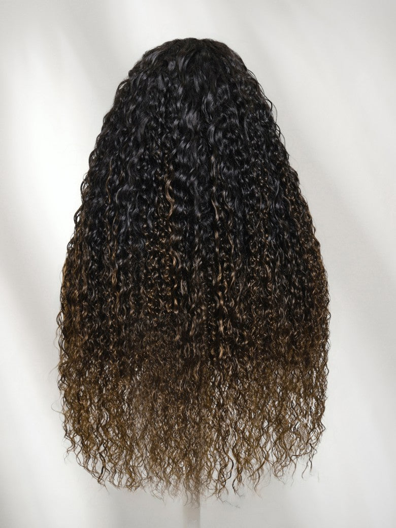 Sunber 7x5 Pre Cut Ombre Chestnut Brown Water Wave & Curly Mixed Lace Wig With Invisi Drawstring