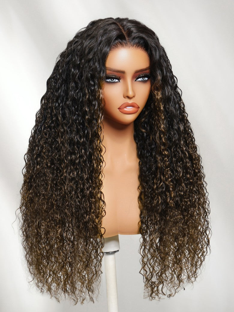 Sunber 7x5 Pre Cut Ombre Chestnut Brown Water Wave & Curly Mixed Lace Wig With Invisi Drawstring