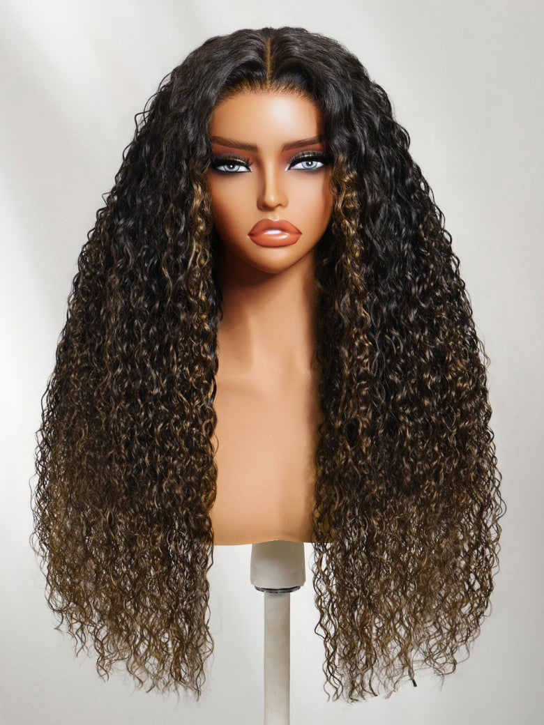 Sunber 7x5 Pre Cut Ombre Chestnut Brown Water Wave & Curly Mixed Lace Wig With Invisi Drawstring