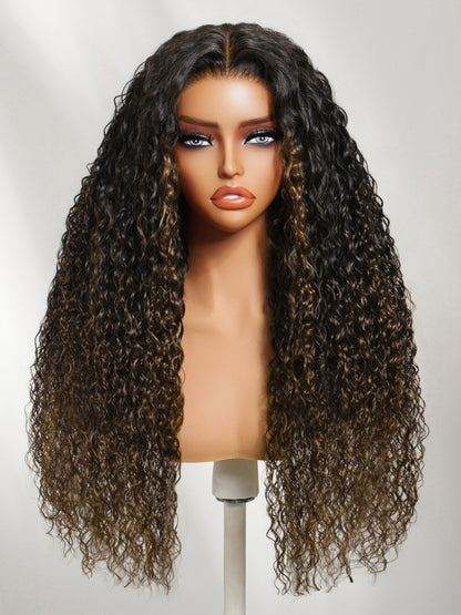 Sunber 7x5 Pre Cut Ombre Chestnut Brown Water Wave &amp; Curly Mixed Lace Wig With Invisi Drawstring