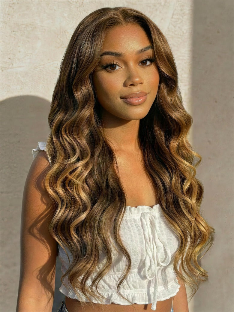 Sunber Loose Wave 7x5 Pre Cut Lace Closure Layered Brown Highlights Colored Wig