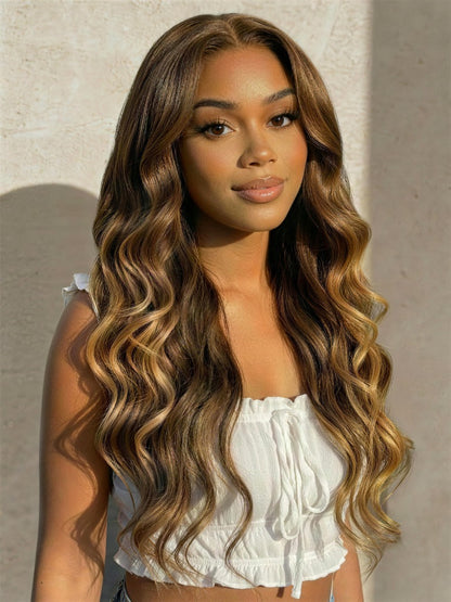 Sunber Loose Wave 7x5 Pre Cut Lace Closure Layered Brown Highlights Colored Wig