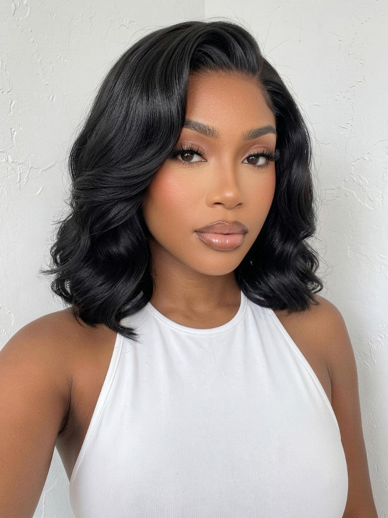 Sunber 180% Density 7x5 Pre Cut Blowout Body Wave Sleek Layered Bob Lace Wig with Feathered Ends