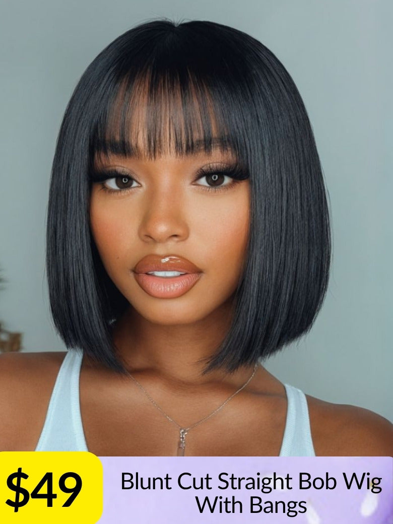 Sunber Yaki Straight Human Hair Glueless Wig with Blunt Cut Bangs Natural Black Color Flash Sale