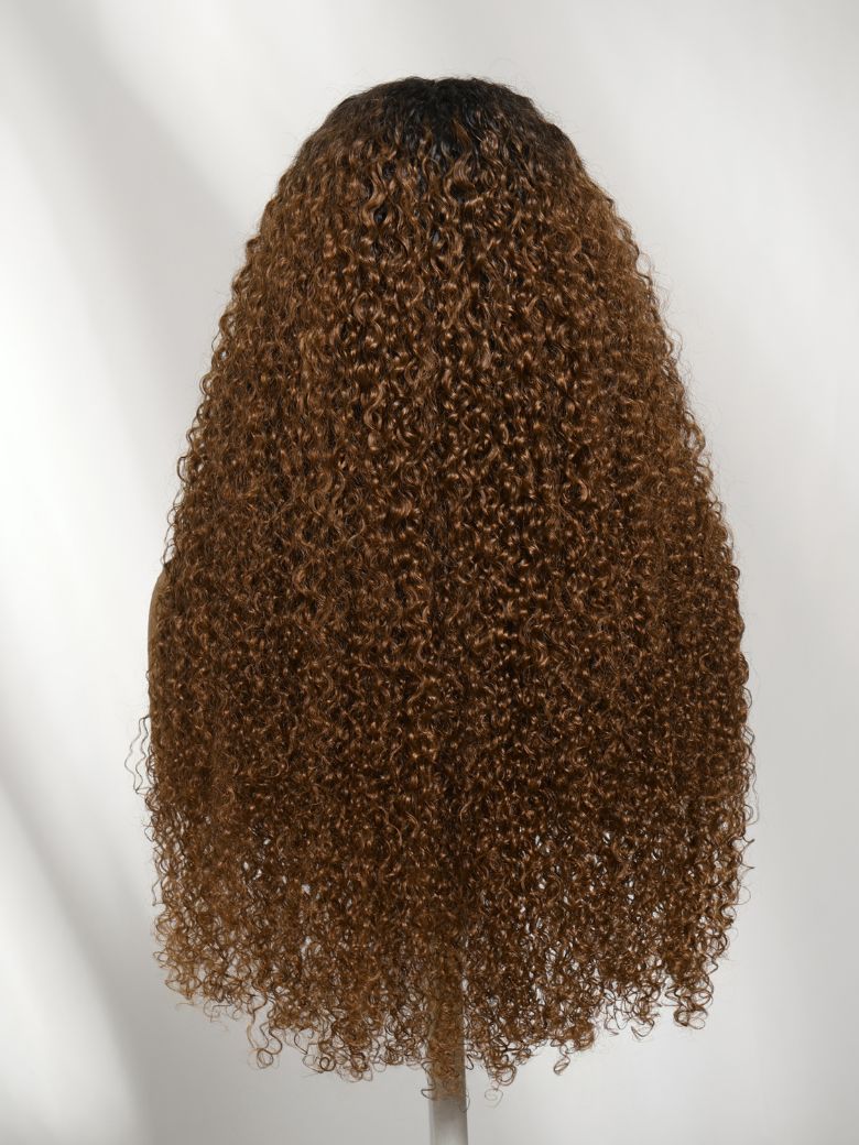 Sunber 7x5 Pre Cut Sun-Kissed Curly Wave Warm Caramel Brown With Dark Roots Lace Wig With Invisi Drawstring