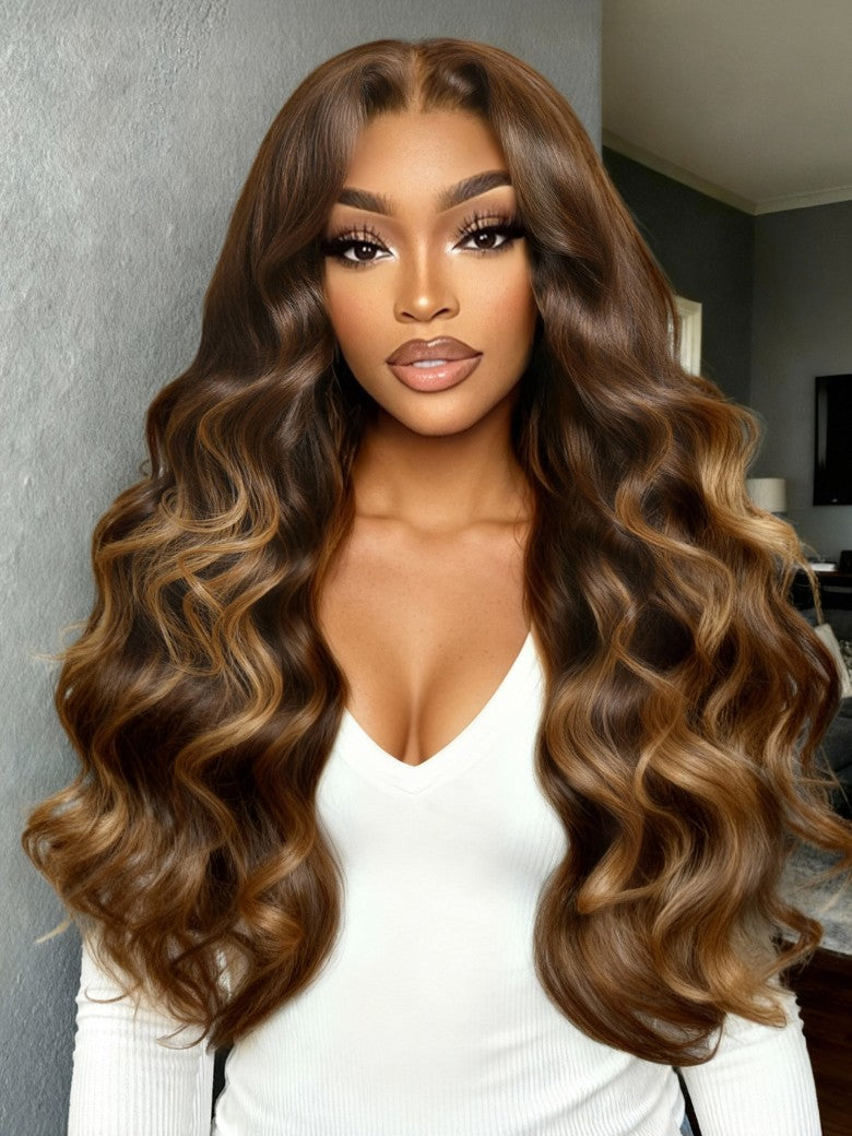 Sunber Loose Wave 7x5 Pre Cut Lace Closure Layered Brown Highlights Colored Wig