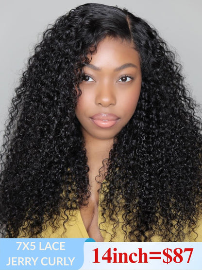 Low To $59 Sunber Jerry Curly 7x5 Pre Cut Lace Human Hair Glueless Wigs $100 Off