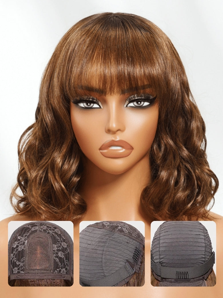 Sunber Honey Brown Highlights Loose Wave Bob Glueless Wig With Bangs Flash Sale
