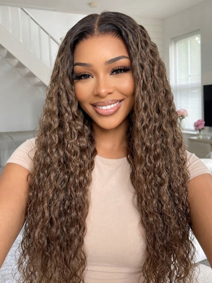 Sunber Ash Brown With Dark Roots Water Wave 7x5 Lace Closure Wig With Summer Vacation Vibes