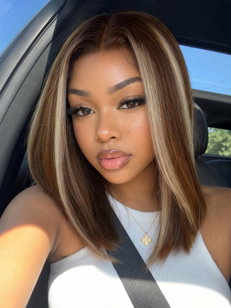 Sunber Ash Brown With Blonde Highlights 7x5 Lace Closure Sleek Straight Bob Wig