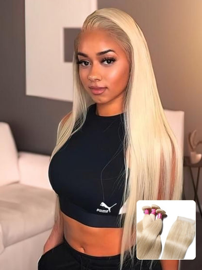 Sunber Hair 3 Bundles 613 Blonde Straight Human Hair Weaves With 4X4 Lace Closure