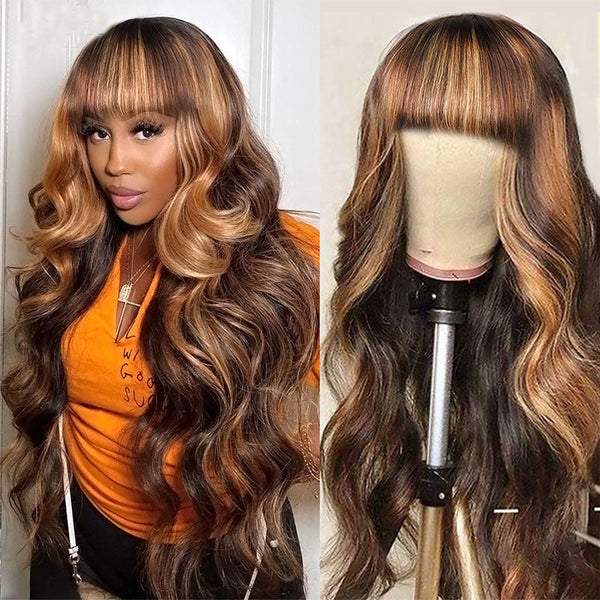 The 2ND WIG=$0.99|Honey Blond Highlight Pre Cut Lace Wig With Bangs And Curly Clip in Ponytail Hair Extensions Flash Sale