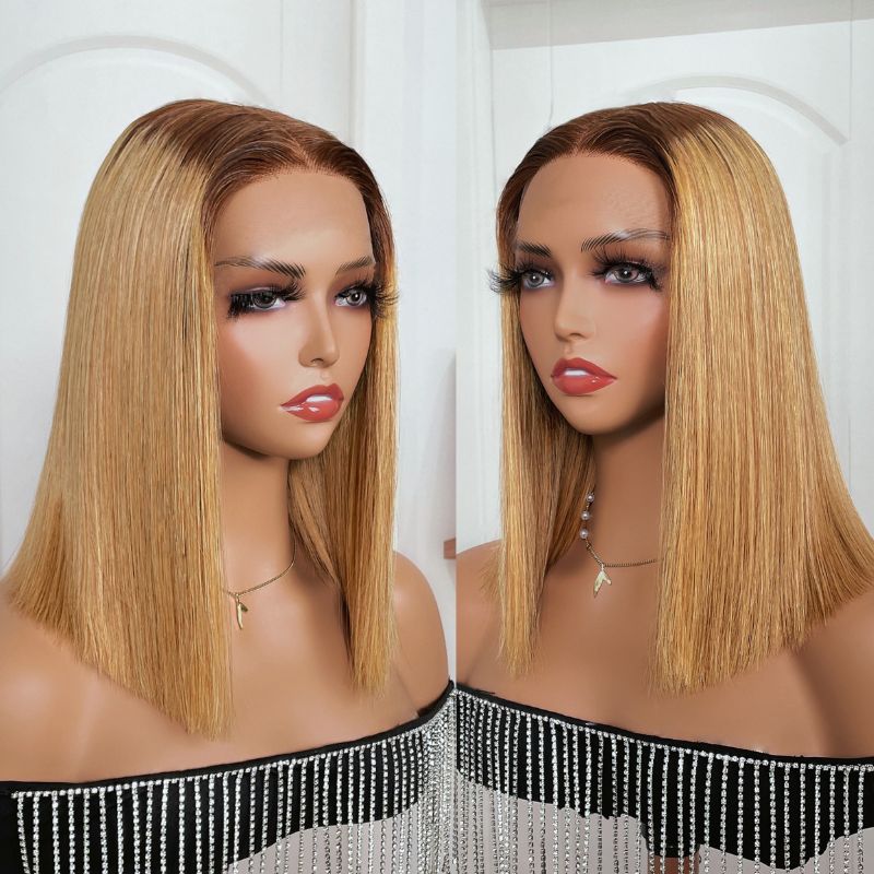 Flash Sale 180% Density 13*5 T Part Lace Front Golden Blonde With Dark Roots Bob Wig Human Hair