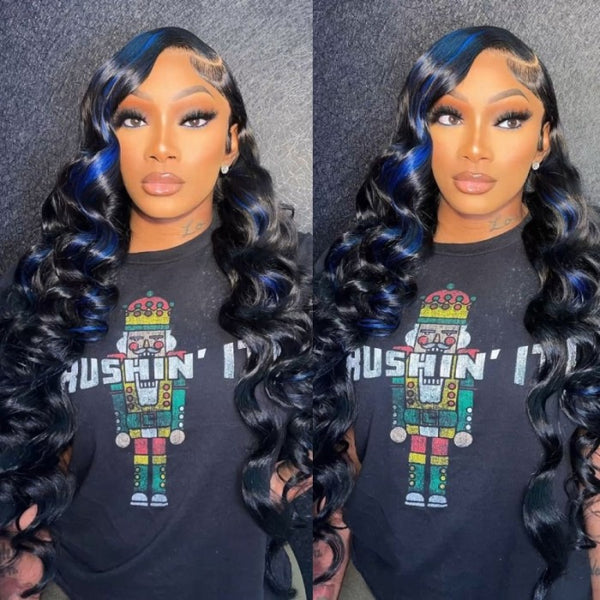 Clearance Sale Sunber Body Wave 13x4 Lace Front Wigs Black With Blue Highlights Skunk Stripe Blue Dream Flash Sale
