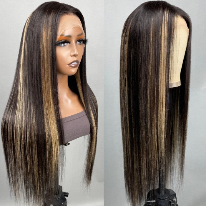 Flash Sale Sunber Chocolate Brown With Peek A Boo Blonde Highlights Lace Front Body Wave Wig
