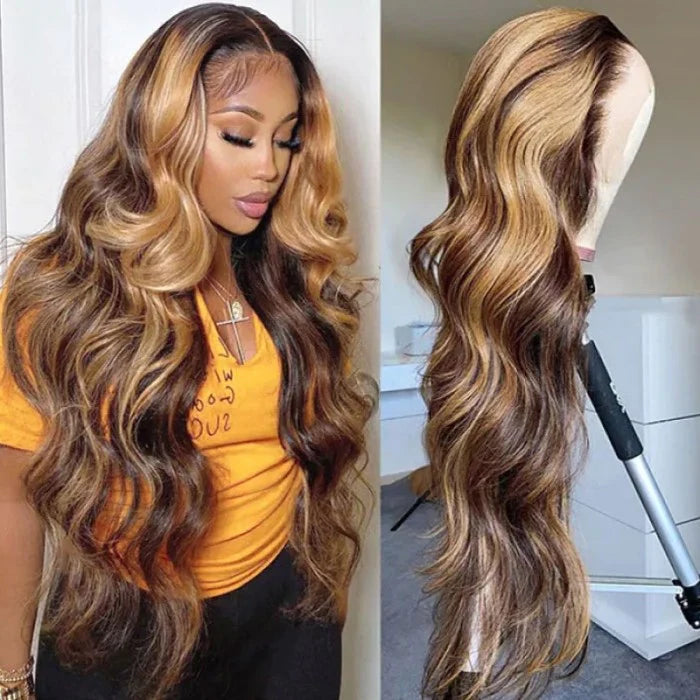 Extra 70% OFF| Sunber Body Wave Honey Blonde Highlights 6x4.75 Pre-Cut Lace Closure Human Hair Wig