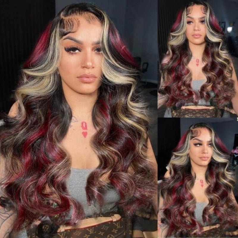 Sunber Body Wave Black Hair With Blonde Red Highlights 6x4.75 Lace Closure Wig With Bleach Knots