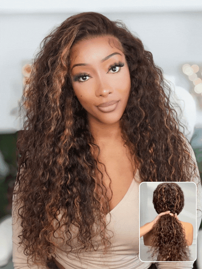 Sunber Piano Brown Highlight Curly 7x5 Bye Bye Knots Pre Cut Lace Water Wave Wig With Invisi Drawstring Flash Sale