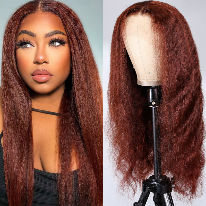 Sunber kinky yaki wavy Reddish Brown 13x4 Lace Front Wigs With Swishy Full And Thick Human Hair
