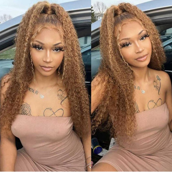 Flash Sale Sunber Honey Blonde Highlight Lace Front Curly  Wigs 100% Human Hair Wig