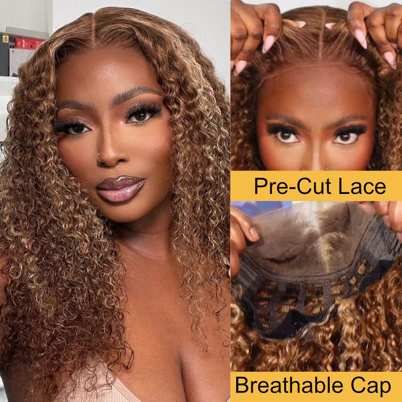 Sunber Jerry Curly Ombre Honey Blonde Highlight 7x5 Bye Bye Knots Pre-Cut Lace Closure Wig Pre-plucked