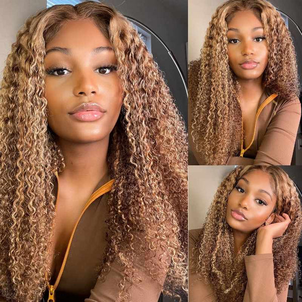 Sunber Jerry Curly Ombre Honey Blonde Highlight 13x4 Pre Everything GluelessLace Wig With Pre-plucked