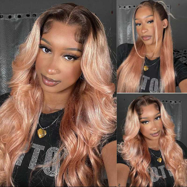 Sunber Pinkish Blonde Body Wave 13x4 Lace Front Wig with Brown Roots Human Hair