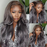 Sunber Punky Gray Princess Wigs With Multi Color Mixed Ashy Brownish Purple Highlight Hair Body Wave Lace Front Wig
