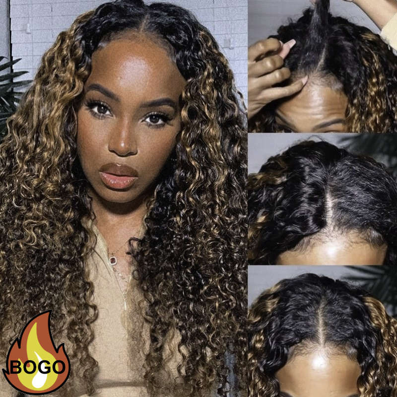 BOGO Sunber V Part Wigs Balayage Highlight Curly Effortless To Put On Human Hair Wig