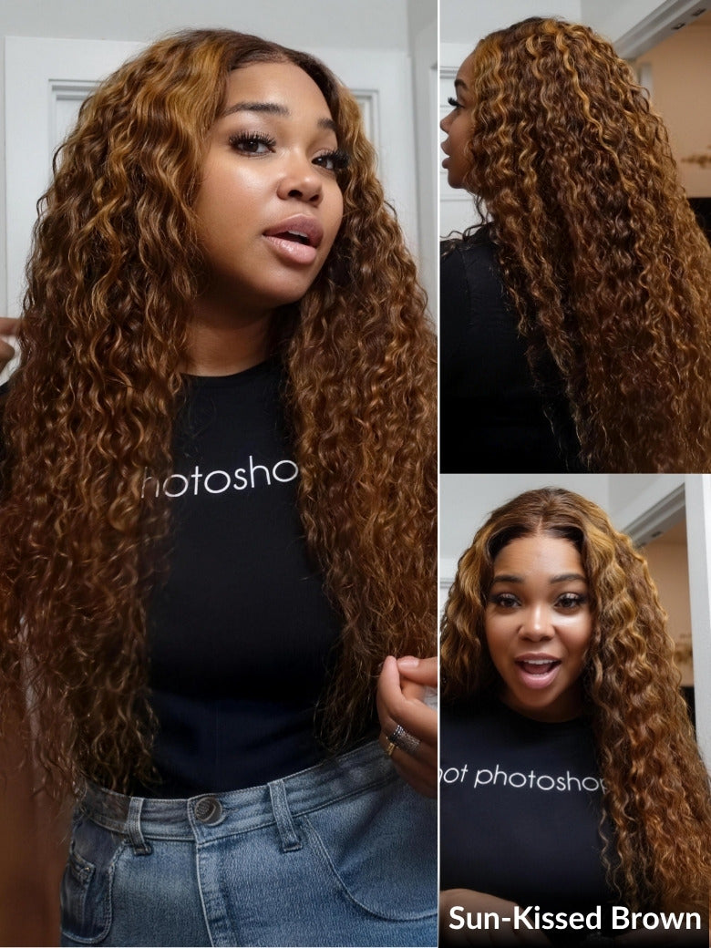 Flash Sale Sunber 13x4 Pre Everything Piano Brown Highlight Big Curly Balayage Water Wave Lace Frontal Human Hair Wig With Invisi Drawstring
