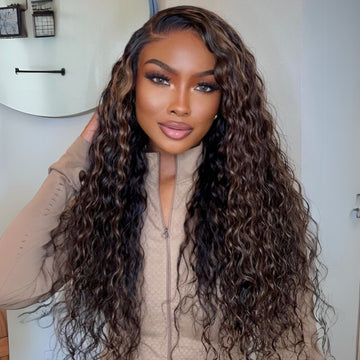 Sunber Golden Brown Highlights 7x5 Bye Bye Knots Water Wave Lace Closure Wig With Pre Bleached Tiny Knots