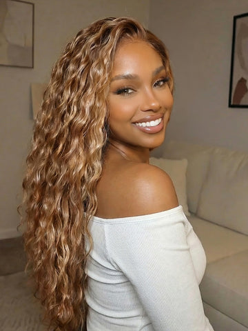 Sunber Water Wave Honey Blonde Highlighted 13x4 Pre Everything Lace Frontal Wig With Invisi Drawstring
