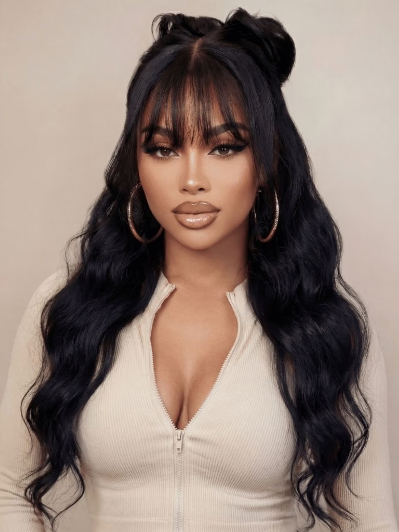 Sunber Yaki Straight Human Hair Glueless Wig with Blunt Cut Bangs Natural Black Color Flash Sale