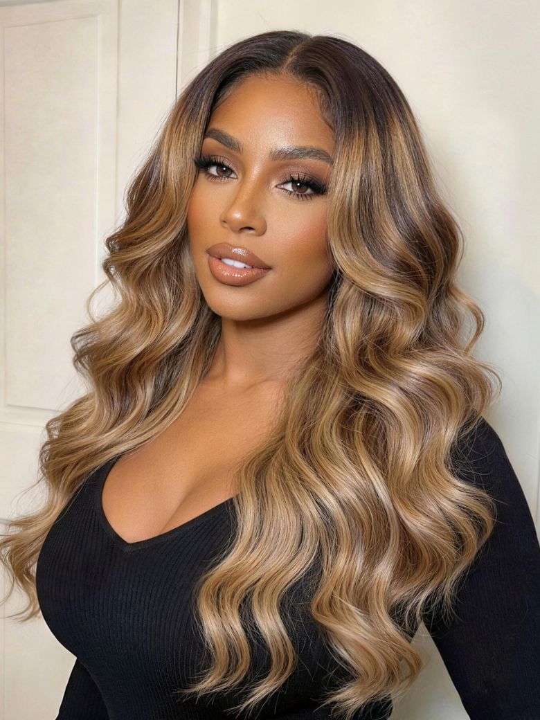 Sunber 13x4 Pre Everything Golden Blonde Ombre Highlight Loose Wave Lace Frontal Wig With Face Framing Voluminous Layered Curtain Bangs