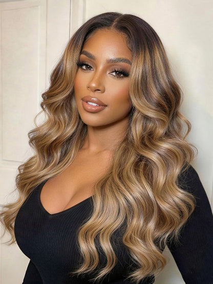 Sunber 13x4 Pre Everything Golden Blonde Ombre Highlight Loose Wave Lace Frontal Wig With Face Framing Voluminous Layered Curtain Bangs