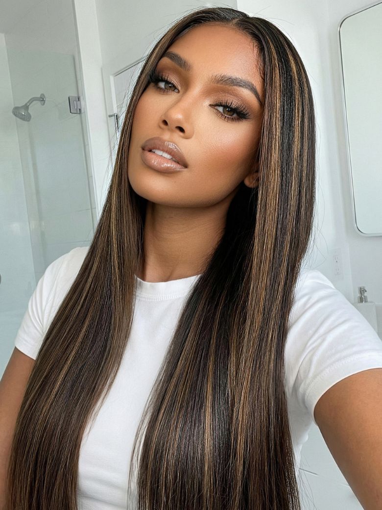Sunber 7x5 Pre Cut Golden Brown Highlights Yaki Straight Lace Closure Wig With Invisi Drawstring