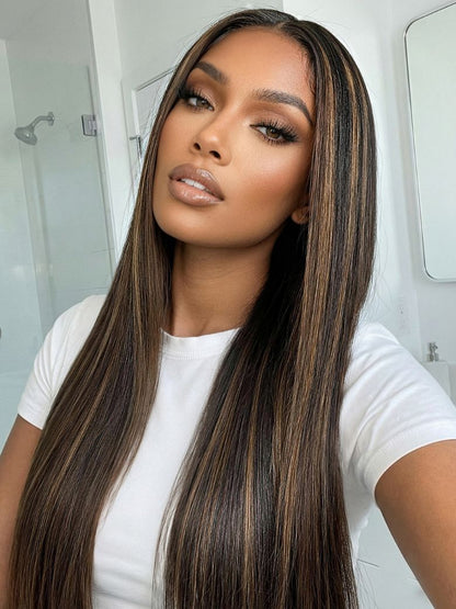 Sunber 7x5 Pre Cut Golden Brown Highlights Yaki Straight Lace Closure Wig With Invisi Drawstring