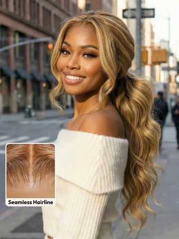 Sunber 7x5 Pre-Cut Body Wave Bye Bye Knots Honey Blonde Glueless Highlights Lace Human Hair Wig
