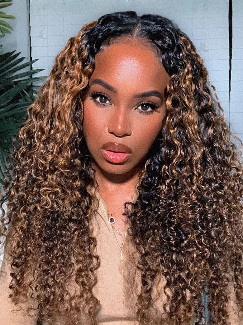 $100 OFF | Sunber Brown Highlights with Dark Roots Jerry Curly Upgraded V Part Wig