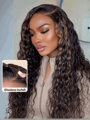 Sunber Golden Brown Highlights 7x5 Bye Bye Knots Water Wave Lace Closure Wig With Pre Bleached Tiny Knots