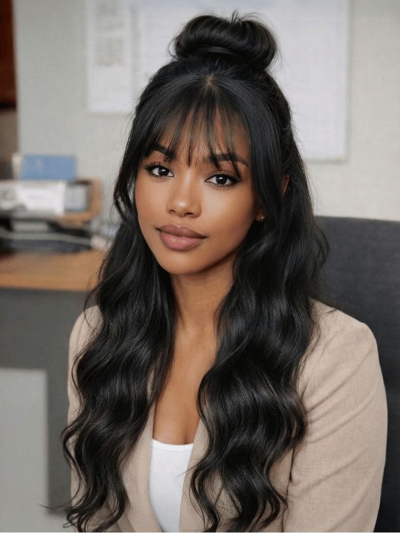 Sunber Pre-Everything 13x4 Lace Frontal Loose Wave Wigs with Bangs-Fluffy Hair  3D Dome Cap & Glueless