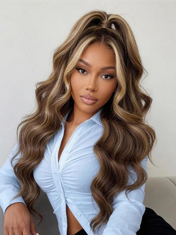 Sunber Honey Chestnut Brown 13x4 Pre Everything Lace Frontal Highlights Wig With Face Framing Curtain Bangs