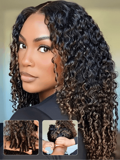 Sunber Full Finger Coils 7x5 Bye Bye Knots/V Part Chestnut Brown Lace Wig With Spiral Curls Water Curly Twist Out At The End
